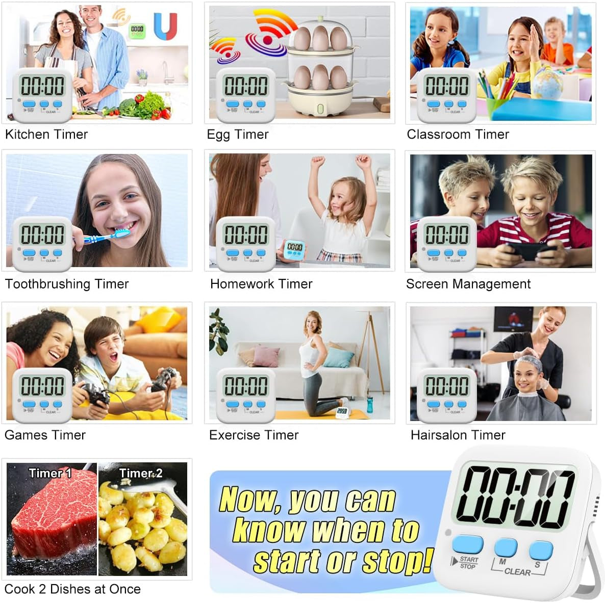 2 Pack Digital Timer for Kids, Magnetic Countdown Kitchen Timers for Cooking, Egg, Classroom, Teacher, Exercise, Study, Oven - Battery Included