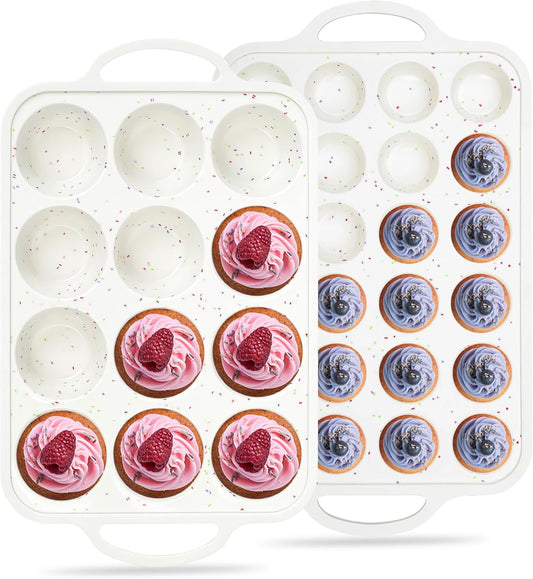Professional Silicone Cupcake Pan Set - 12-Cup and 24-Cup Nonstick Muffin Molds with Metal Reinforced Frame, BPA Free (2 Pieces, Cream)