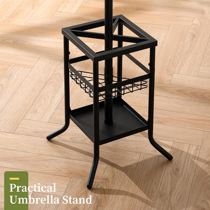 Coat Rack Freestanding, Coat Tree with Umbrella Holder, Metal Coat Rack Stand with 12 Hooks, Modern Coat Hanger Stand for Entryway, Purse Rack Hat Rack Stand for Living Room Bedroom Office