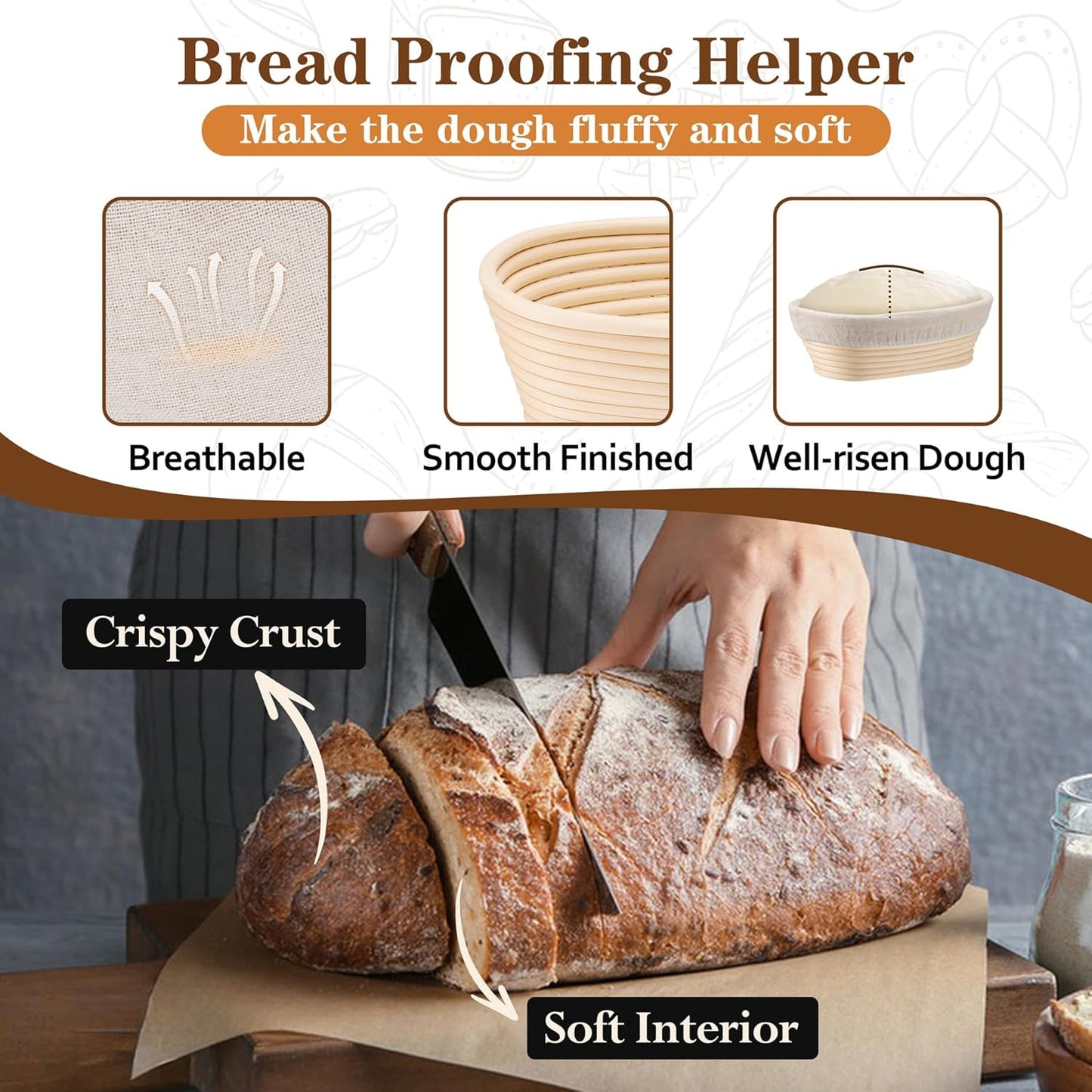 Sourdough Bread Proofing Basket Set of 2, 10 Inch Oval Dough Proofing Bowls, Sourdough Bread Baking Supplies for Bakers, Handmade Rattan Baskets with Cloth Liner