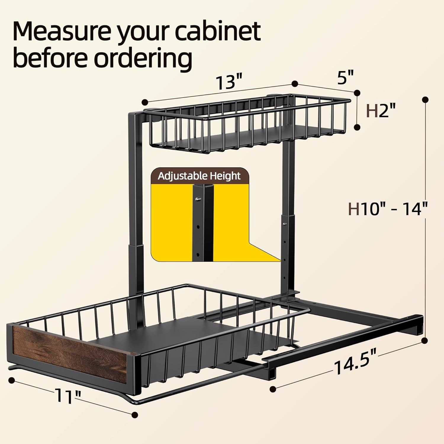 2 Pack under Sink Organizer and Storage, Height Adjustable under Kitchen Sink Organizer, 2 Tier Pull Out under Cabinet Organizer, Black under Counter Storage for Kitchen Bathroom
