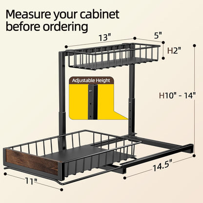 2 Pack under Sink Organizer and Storage, Height Adjustable under Kitchen Sink Organizer, 2 Tier Pull Out under Cabinet Organizer, Black under Counter Storage for Kitchen Bathroom