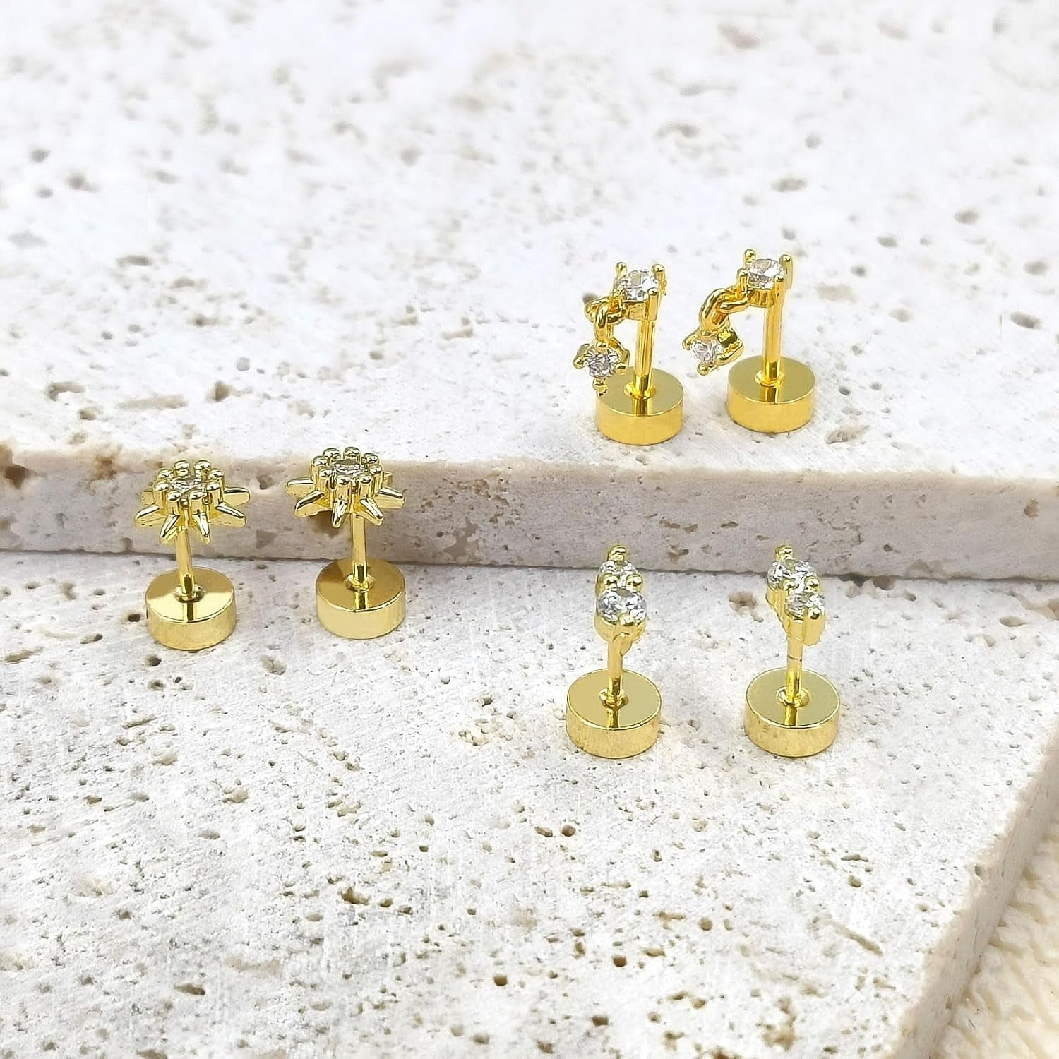 Mother'S Day Flat Back Stud Earrings for Women, 14K Gold Plated Screw Back Earrings, Two Tiny CZ Stud Flat Back Earrings, Hypoallergenic Stud Earrings for Helix Cartilage Piercing Jewelry (Style 1)