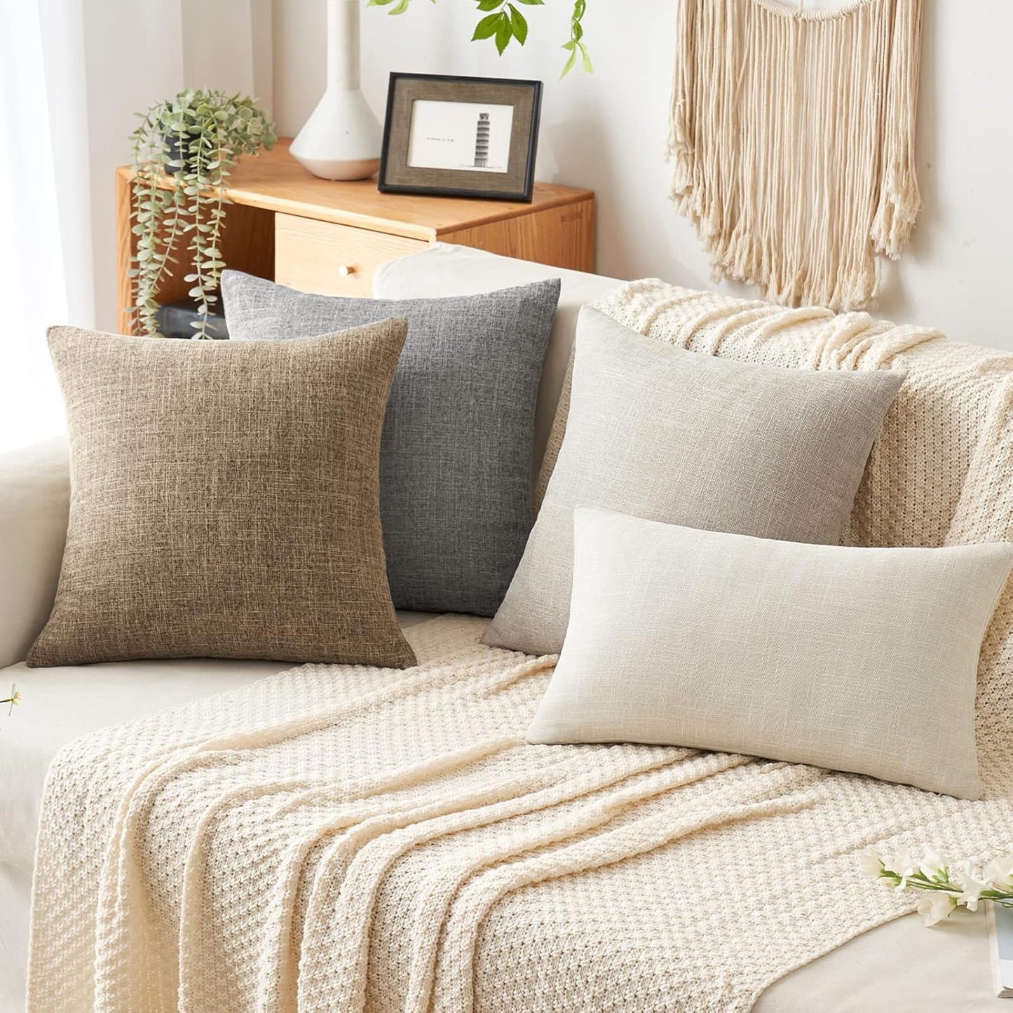 Pack of 2 Decorative Linen Burlap Pillow Covers Farmhouse Boho Accent Pillowcases for Sofa Car Couch Bedroom Living Room Decor 18X18 Inch Brown