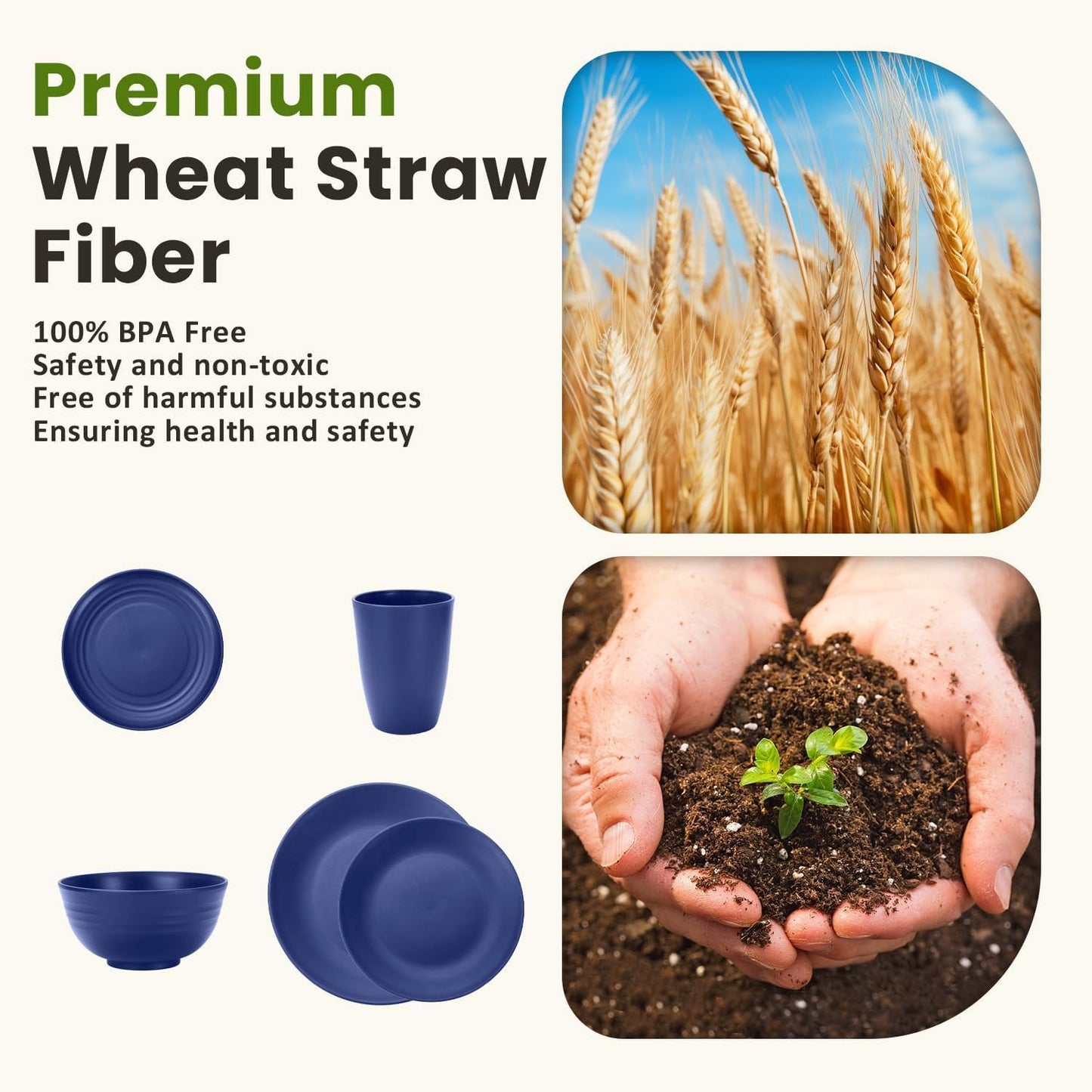 40-Piece Lightweight and Unbreakable Reusable Wheat Straw Dinnerware Set for 8, Microwave and Dishwasher Safe - Dark Blue