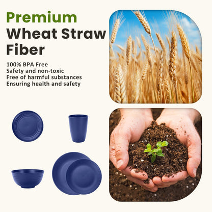 40-Piece Lightweight and Unbreakable Reusable Wheat Straw Dinnerware Set for 8, Microwave and Dishwasher Safe - Dark Blue
