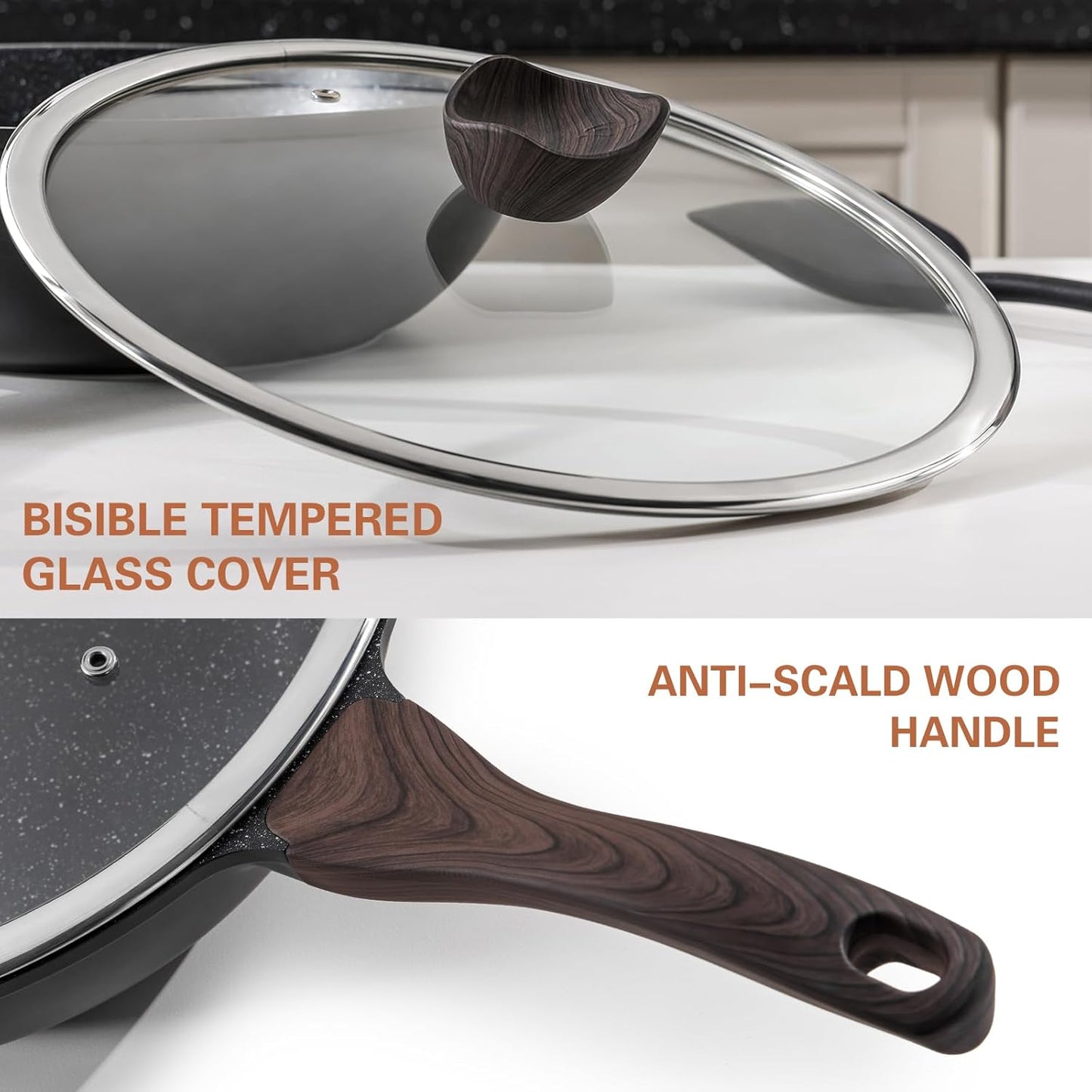 Nonstick Wok with Lid, 12 Inch Woks & Stir-Fry Pans, Granite Stone Coating for Cooking, Induction Cookware, Compatible with All Stovetops, PFOA Free