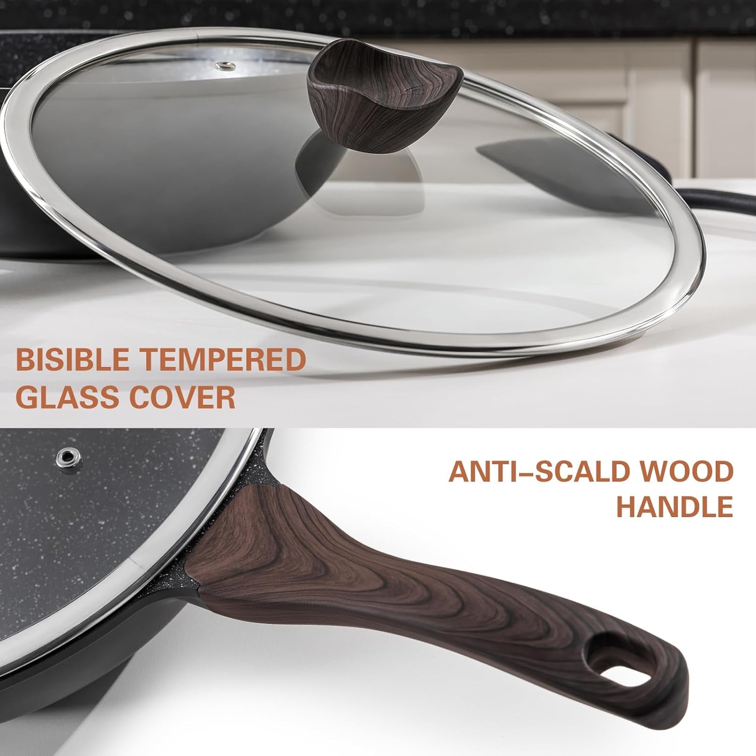 Nonstick Wok with Lid, 12 Inch Woks & Stir-Fry Pans, Granite Stone Coating for Cooking, Induction Cookware, Compatible with All Stovetops, PFOA Free