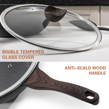 Nonstick Wok with Lid, 12 Inch Woks & Stir-Fry Pans, Granite Stone Coating for Cooking, Induction Cookware, Compatible with All Stovetops, PFOA Free