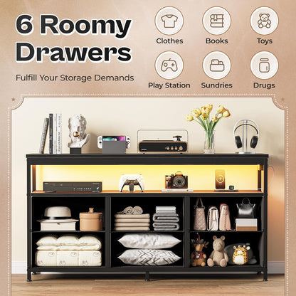 LED TV Stand for Bedrooms and Living Rooms, 47-Inch Dresser with Storage for 43, 50, and 55-Inch TVs, Black Entertainment Center with Power Outlets and 6 Drawer Fabric Dresser