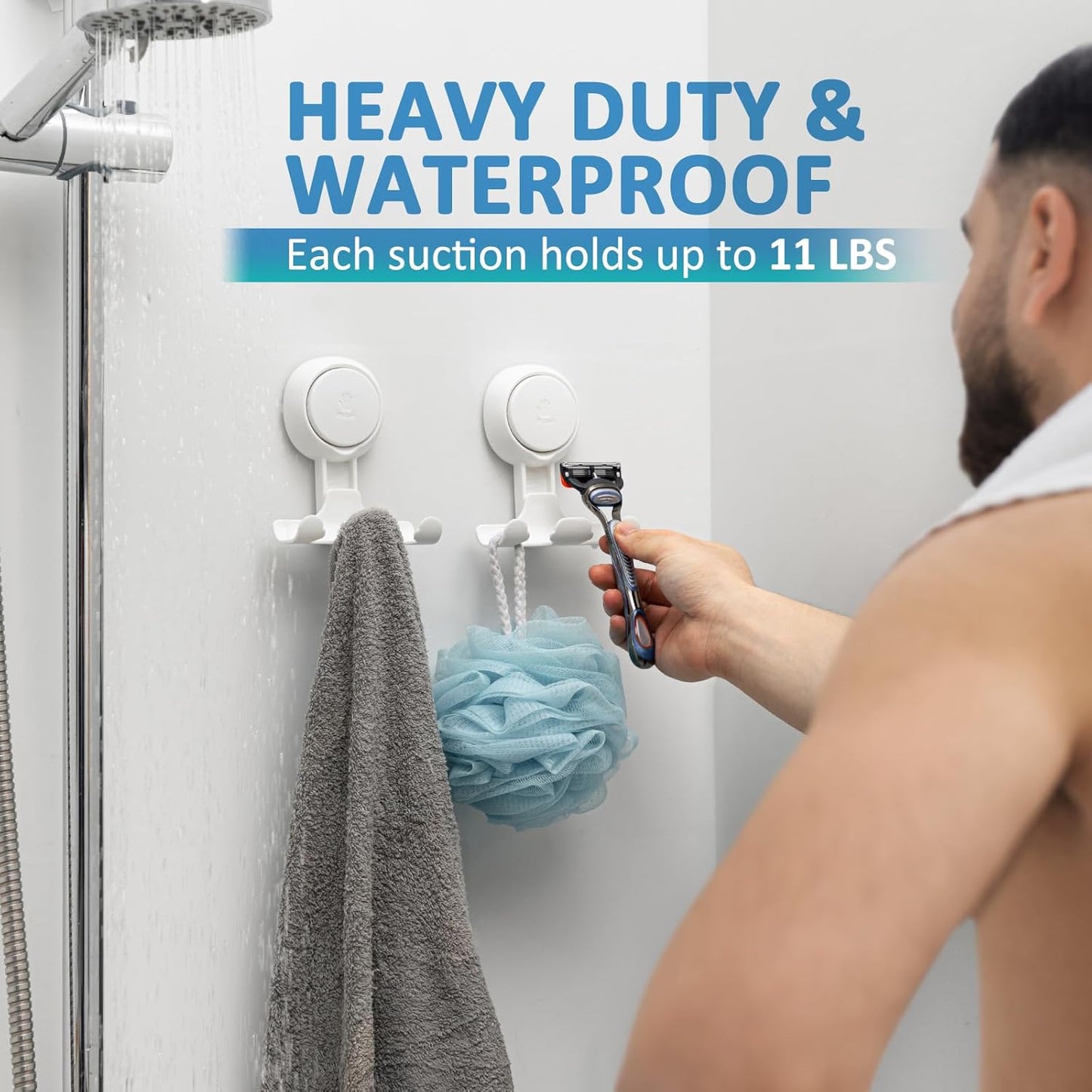 Suction Cup Razor Holder in Shower 2 Pack, Towel, Loofah, Shaver Holder for Bathroom Wall, Powerful Suction Cup Shower Hooks, Easy to Install and Reuse, White