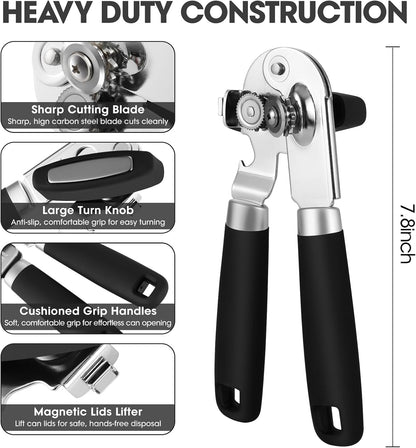 Manual Can Opener,  Handheld Can Opener Heavy Duty with High Carbon Sharp Blade, Ease Can Open for Seniors with Comfort Grip Handles, Oversized Turn Knob, Black