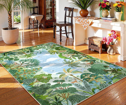Summer Jungle Rug, Washable Rugs 5X7 for Bedroom, Green Forest Soft Carpet for Living Room, Summer Season Non Slip Non Shedding Dining Room Carpet for under Table Classroom Entryway