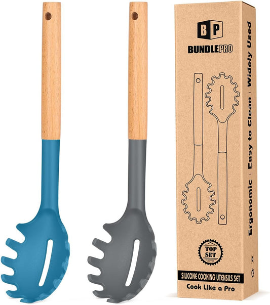 Pack of 2 Spaghetti Spoon, Silicone Pasta Fork with Wooden Handle, Heat Resistant Noodle Spoon Server, BPA Free Spaghetti Strainer(Gray-Blue)