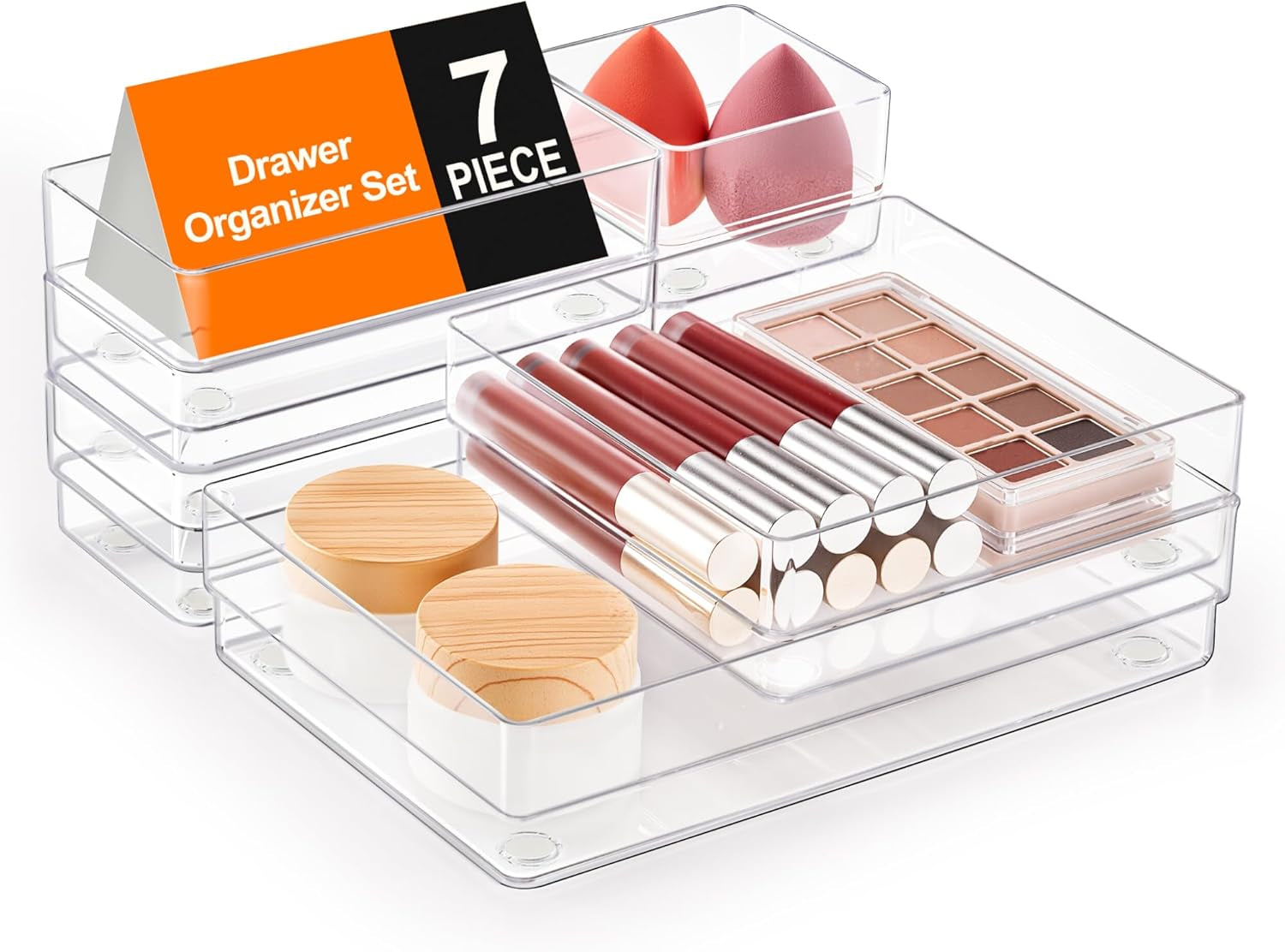 7-Piece Drawer Organizer with Non-Slip Silicone Pads, 4-Size Desk Drawer Organizer Trays Storage Tray for Makeup, Jewelries, Utensils in Bedroom Dresser, Office and Kitchen (Clear)