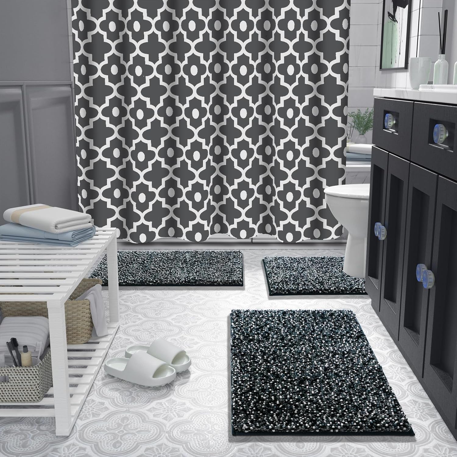 Bath Mats for Bathroom Non Slip, 28X17.5, Extra Soft Chenille Bathroom Rugs, Fluffy Plush Luxury Shower Mat Outside, Water Absorbent, Machine Washable, Black & Dark Gray