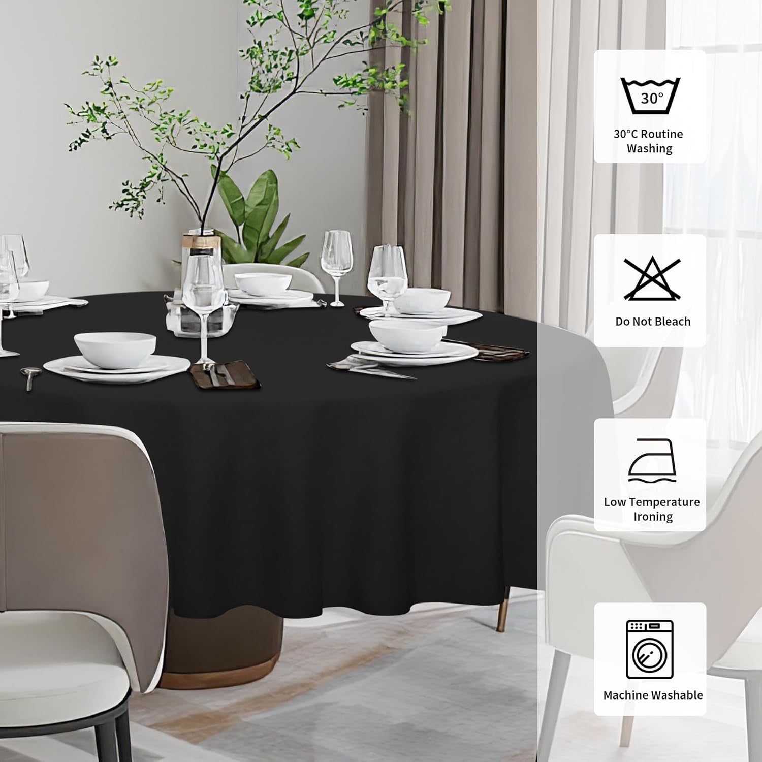 Faux Linen Waterproof Spill-Proof Tablecloth Stain Resistant round Table Cloth Wrinkle Free Decorative Fabric for Kitchen, Dining, Party, Weddings, Restaurants (70 In-Round, Black)