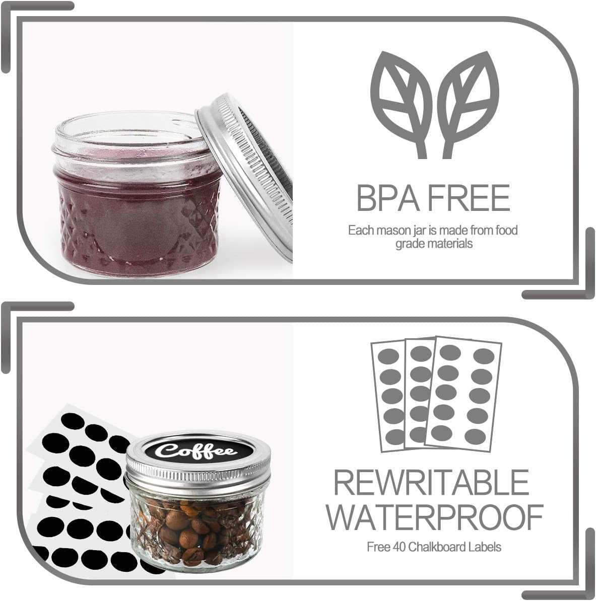 4 oz Mason Jars with Regular Lids - 40 Pack, Perfect for Jam, Honey, Wedding and Shower Favors, DIY Spice Storage