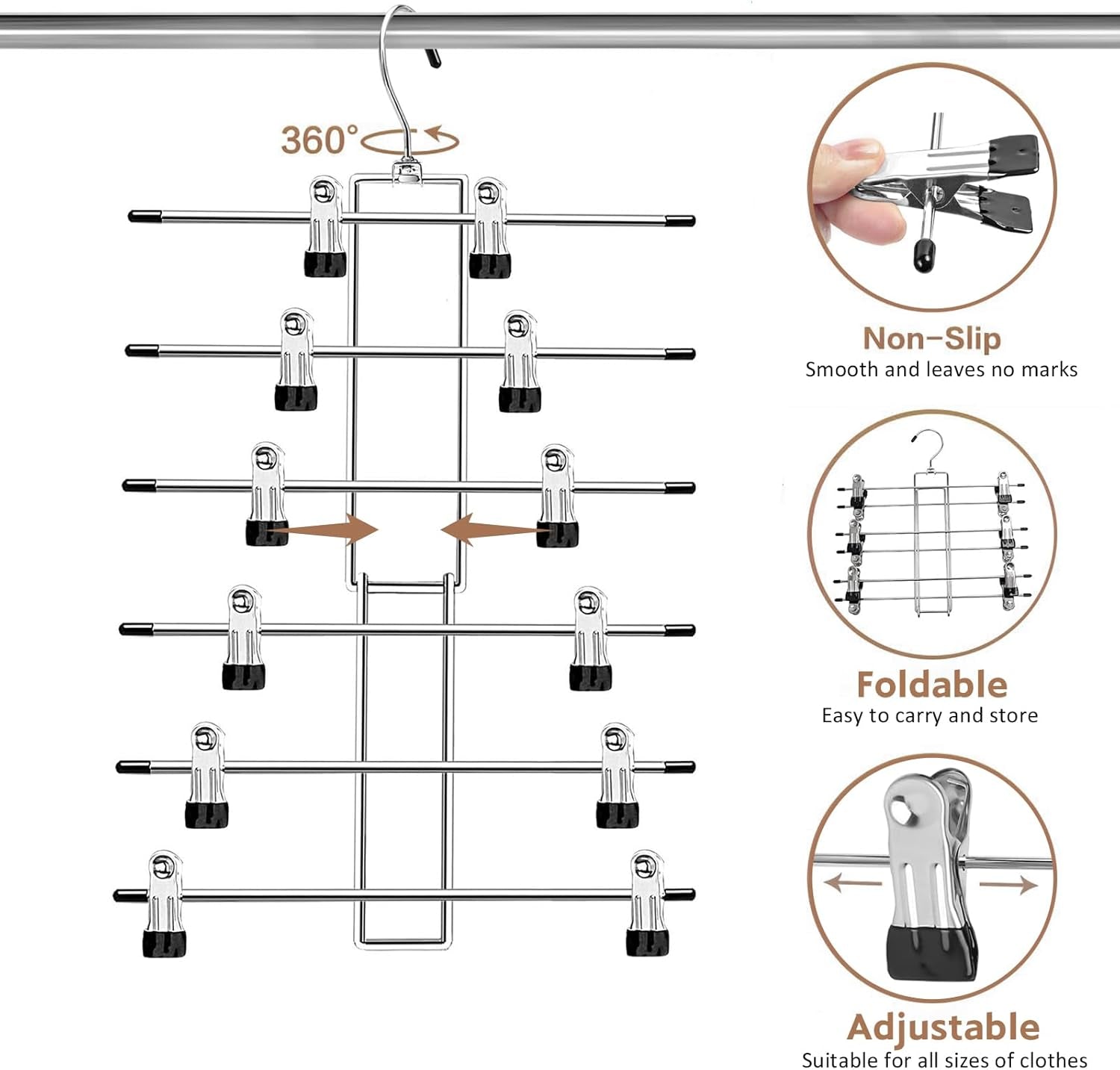 Pants Hangers with Clips,Space Saving Hanging Closet Organizer-6 Tiers Skirt Hangers with 360° Swivel Hook,Closet Organizer-Clothes Hangers- College Dorm Essentials Apartment Essentials-2 Pack