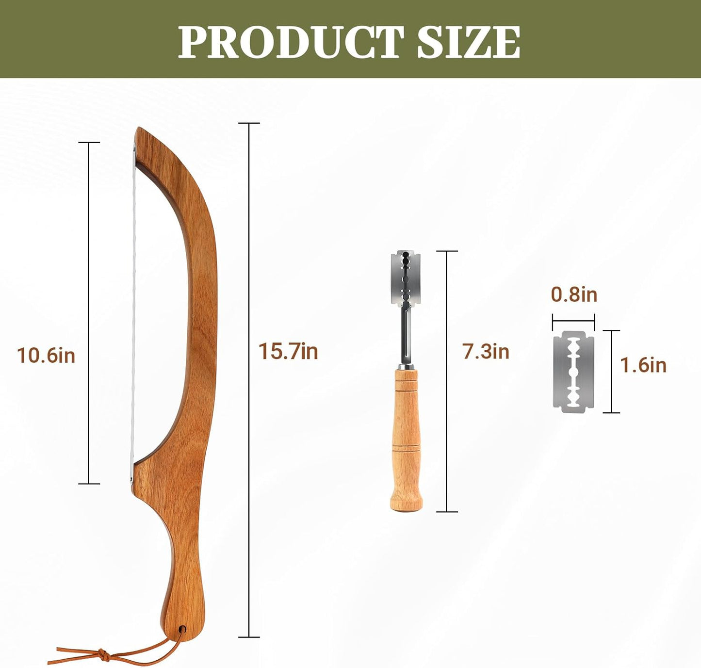 Serrated Bread Knife with Accessories - 15.7" Acacia Wood Bow, Double Serrated Stainless Steel Blades, Sourdough Bread Knife for Homemade Bread Sourdough, Bagels, Baguettes, Cheese, Fruit, Cake