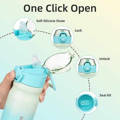 Water Bottle with Straw 14Oz Insulated Water Bottles Reusable Stainless Steel Metal Thermo with Leak Proof Lockable Lid and Carry Handle,Mint