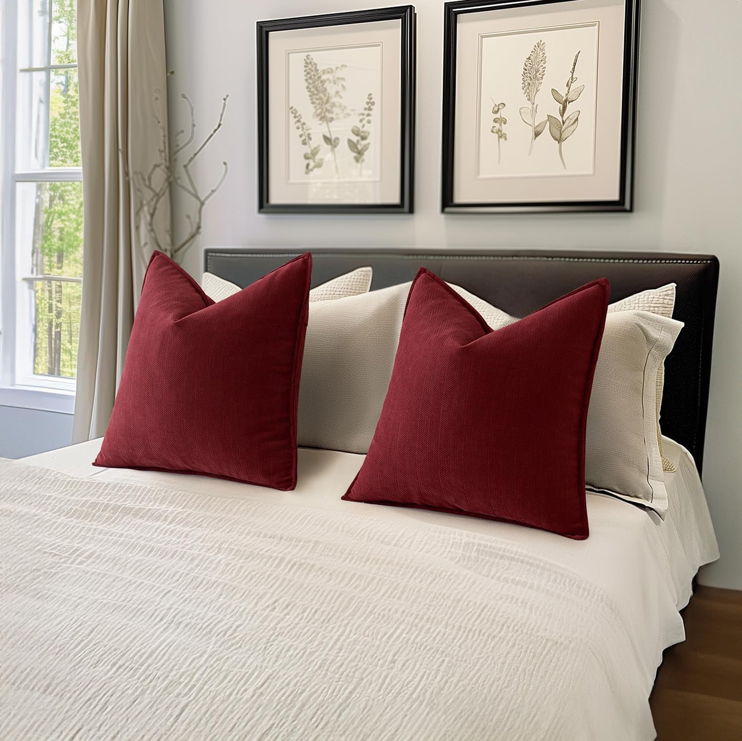 Pack of 2 Christmas Burgundy Decorative Pillow Covers 18X18 Inch Soft Chenille Luxurious Couch Throw Pillows Farmhouse Cushion Covers with Elegant Design for Sofa Bedroom Living Room Decor