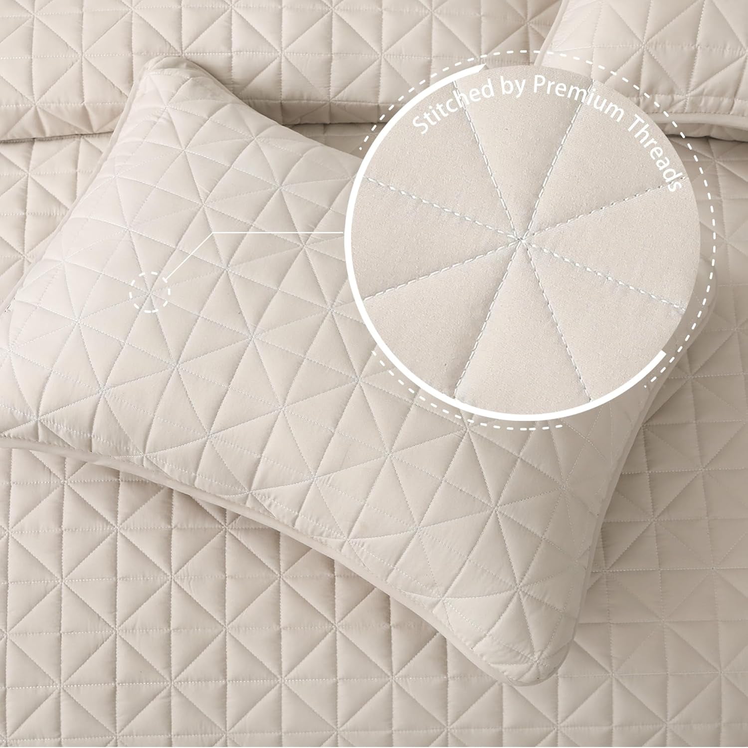 Queen Size Quilted Bedding Set with Stitched Grid Pattern, Lightweight Birch Beige Bedspread and Pillow Shams for All Seasons (Includes 1 Quilt and 2 Pillow Shams)