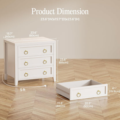 Modern White Nightstand Set of 2 with Charger Station and USB-C Port, 3 Drawer Bedside Tables, Larger and Wider Design for Bedroom