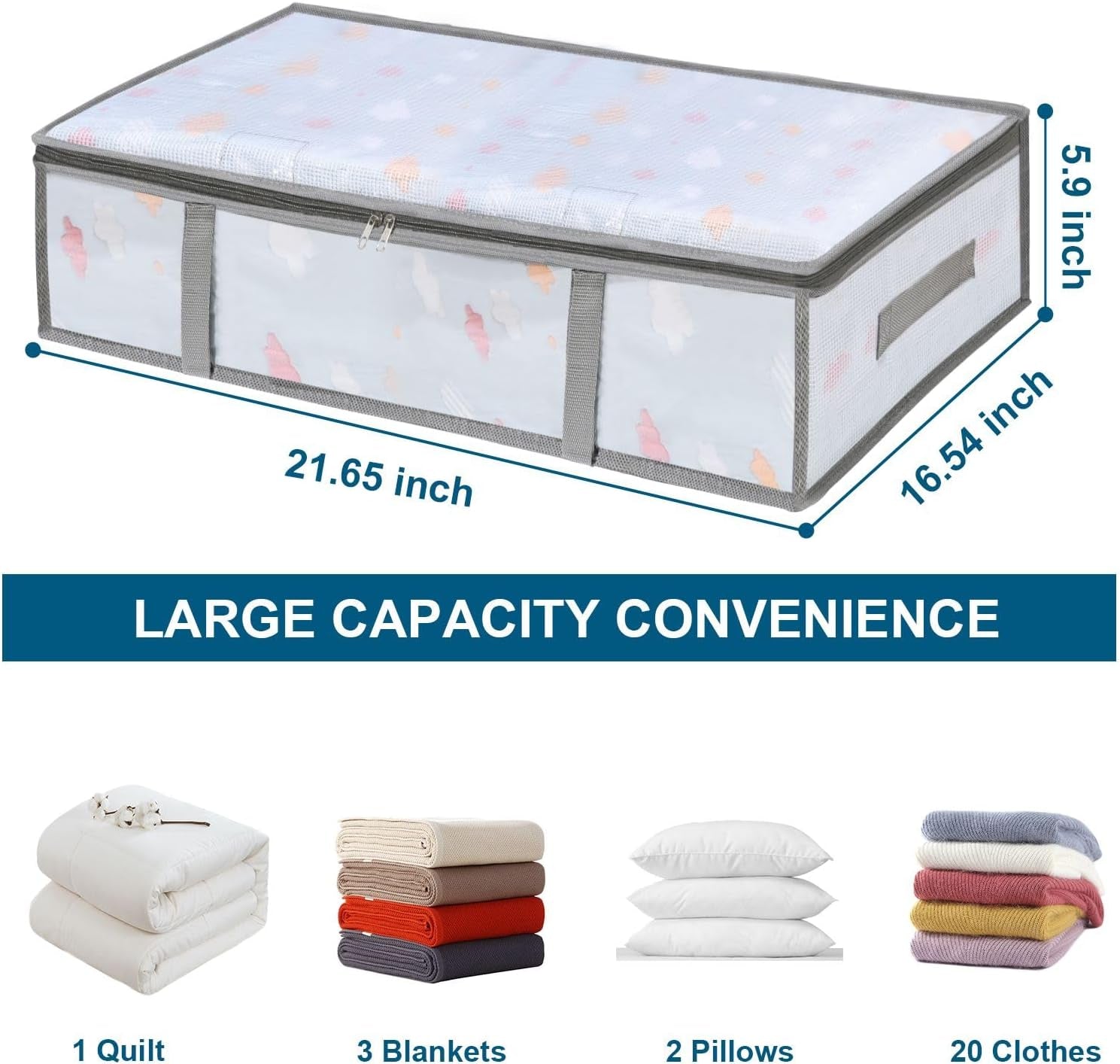 2 Pack under Bed Storage Containers Bins, Humid-Proof Plastic Underbed Storage Bins, Clothes Storage and Organization Bags, under the Bed Blanket Storage with Handles for Clothes, 35L