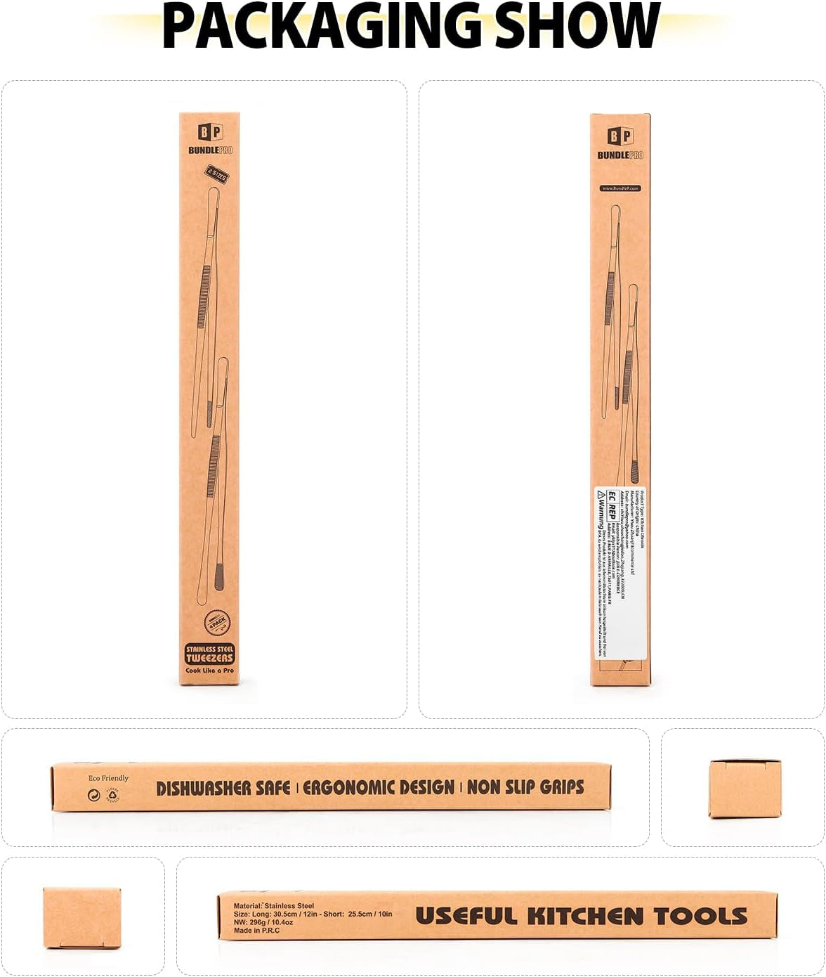 4 Pcs Fine Long Tweezer Tongs Professional Black, 12'' and 10'' Stainless Steel for Kitchen, Food, Cooking, Repairing, Sea Food and BBQ