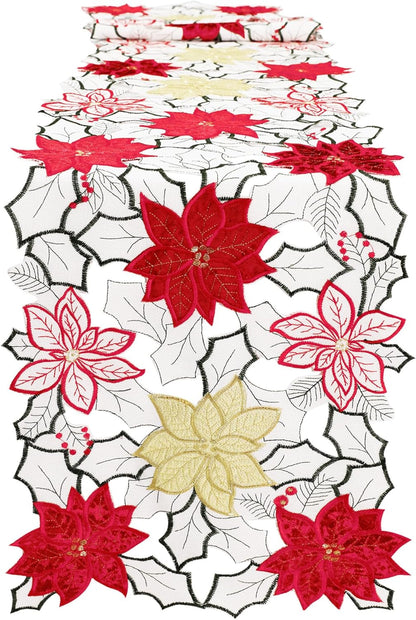 Christmas Linen Textured Table Runner 14X72 Inches Long, Embroidered Red Poinsettia Flower Table Runner for Christmas, Xmas Dresser Scarves Holiday Parties Kitchen Farmhouse Dinner Decor