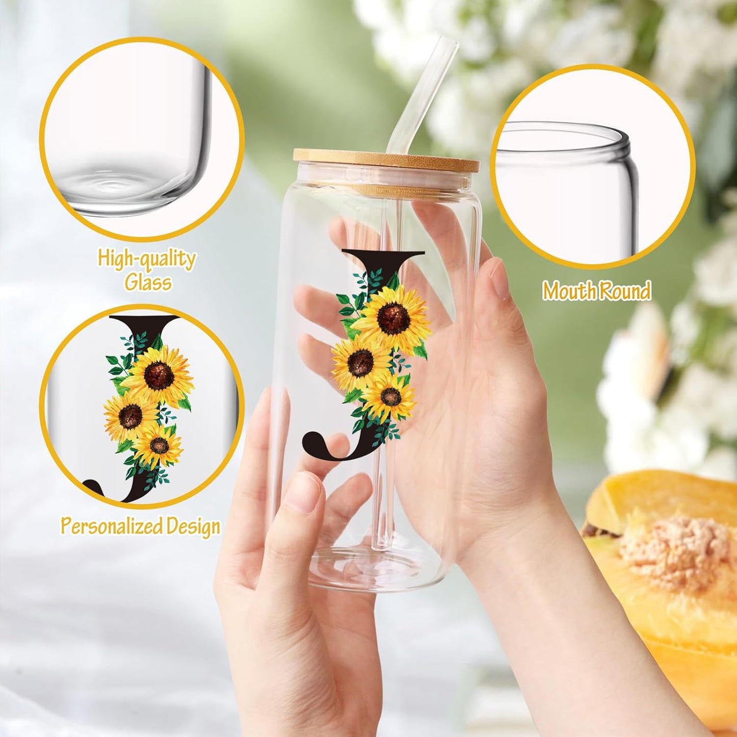 Birthday Gifts for Women, Initial Glass Cups W Lids and Straws, Sunflower Gifts for Women, Personalized Gifts, 16Oz Glass Tumbler Cups W/Straw Lid, Monogrammed Gifts, Birthday Gifts for Her Mom - J