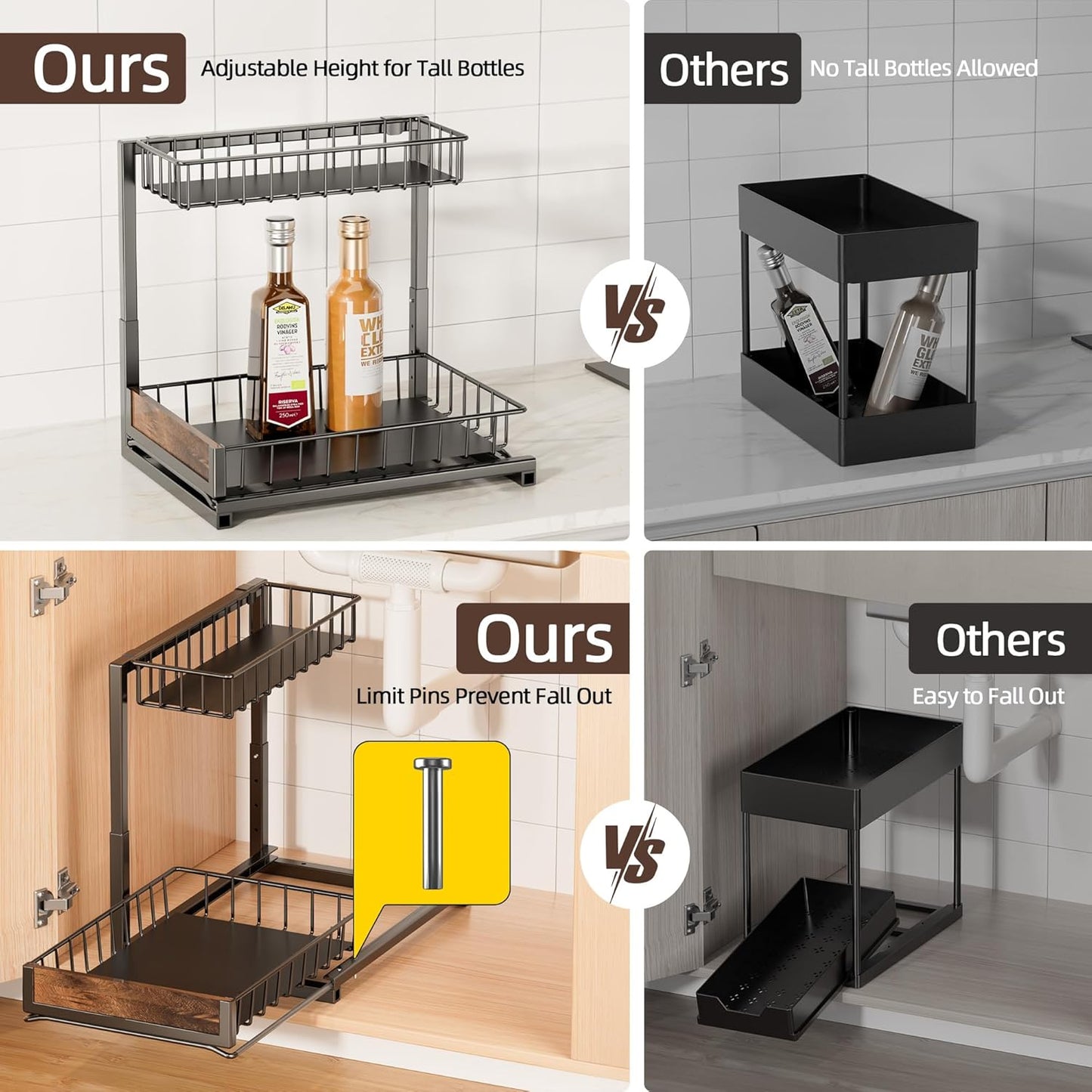 2 Pack under Sink Organizer and Storage, Height Adjustable under Kitchen Sink Organizer, 2 Tier Pull Out under Cabinet Organizer, Black under Counter Storage for Kitchen Bathroom