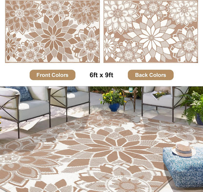 Reversible Waterproof Outdoor Rug for Patio, 6' x 9' Plastic Straw Area Mat, Ideal for RVs, Decks, Porches, Picnics, Beaches, and Balconies in Brown and White