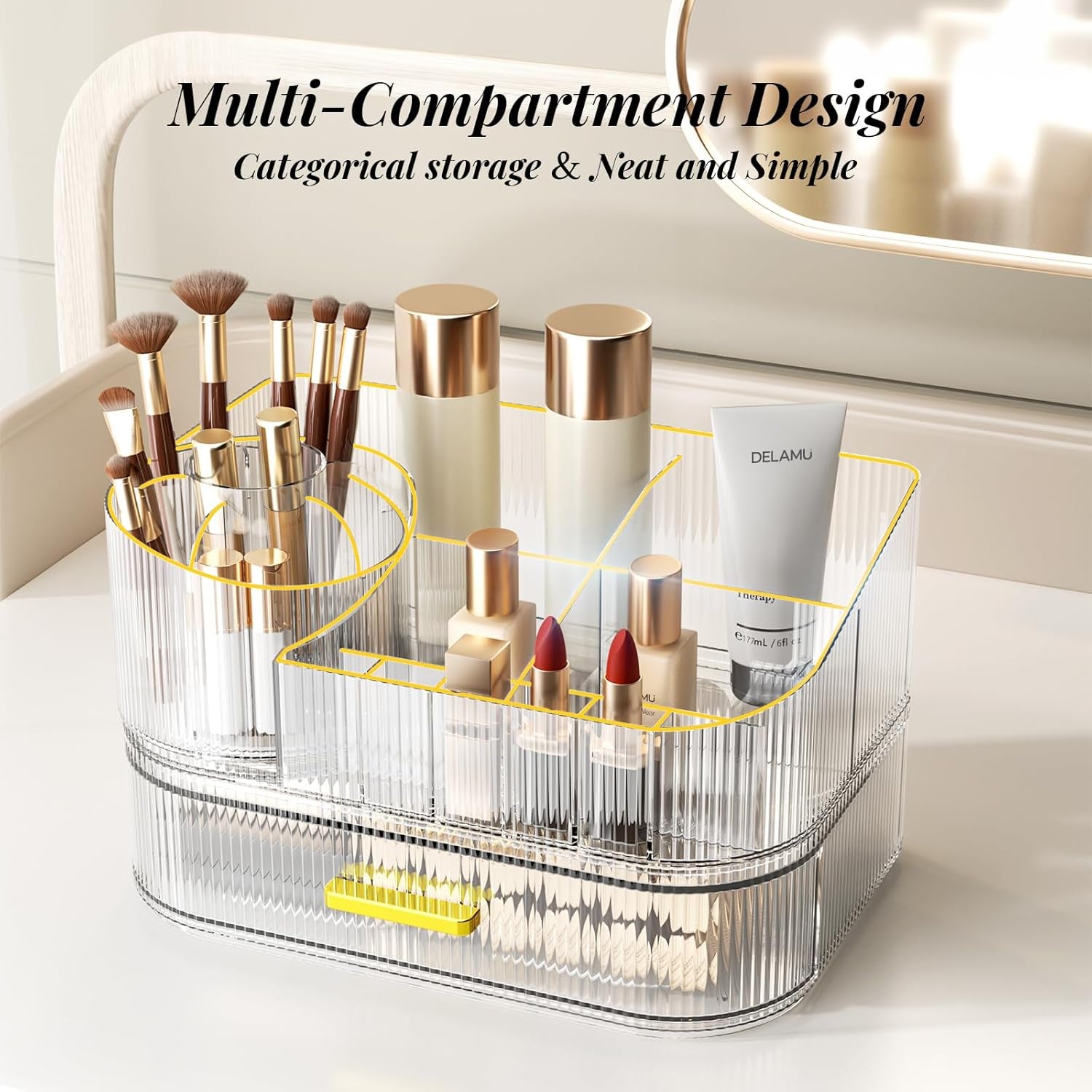 Makeup Organizer for Vanity with Stackable Drawers, 360 Rotating Makeup Brush Holder Large Cosmetic Display Case for Dresser, Bathroom Countertop Skincare Organizers and Storage, Crystal Clear