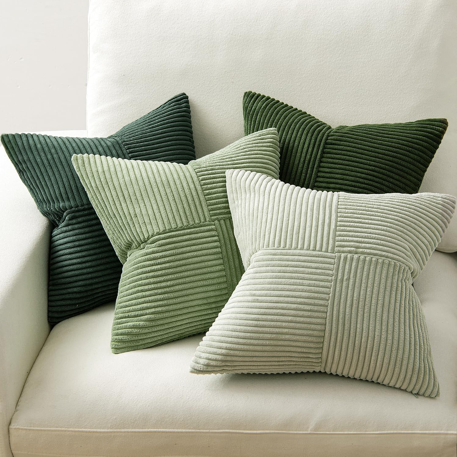Christmas Green Decorative Throw Pillow Covers 18X18 Inch Set of 4 Boho Farmhouse Cushion Covers Mordern Nordic Pillow Cases Soft Corduroy Gradient Home Decor for Couch Sofa Living Room Bed