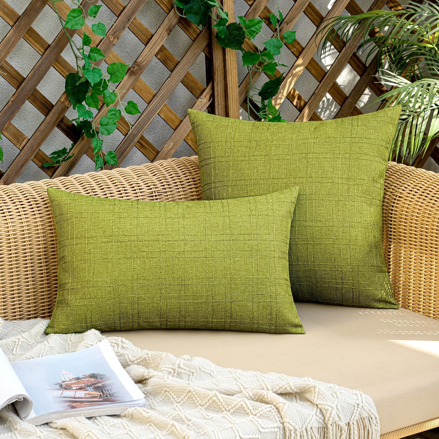 Outdoor Waterproof Throw Pillow Covers Decorative Farmhouse Water Resistant Cushion Covers for Tent Patio Garden Couch Sofa Pack of 2, 18X18 Inch Green