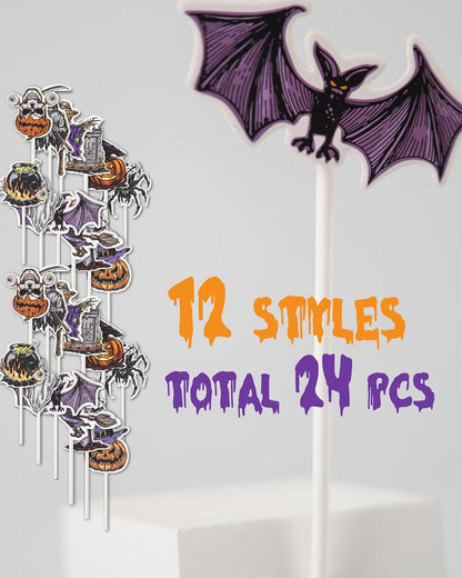 24 PCS Halloween Cupcake Toppers, Cake Decorations, Ghost Cupcake Toppers, Cupcake Decorations Picks for Theme Party, Bat Birthday, Baby Shower