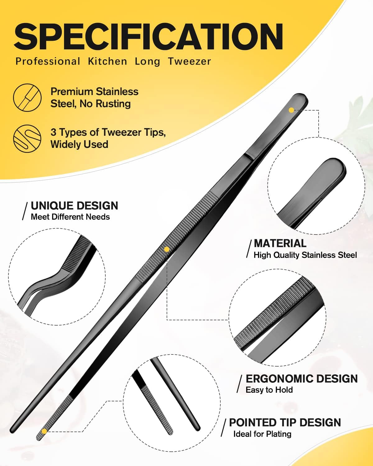 Fine Cooking Tweezers Set, Professional Stainless Steel Food Tongs, Kitchen Black Long Chef Tweezer for Cooking, Plating, Decorating and BBQ (BLACK, 10 Inch)