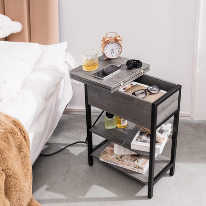 End Table with Charging Station, Flip Top Side Table with USB Ports and Outlets, Sofa Couch Table Bedside Table for Living Room Bedroom, Narrow Nightstand with Storage Shelves for Small Space