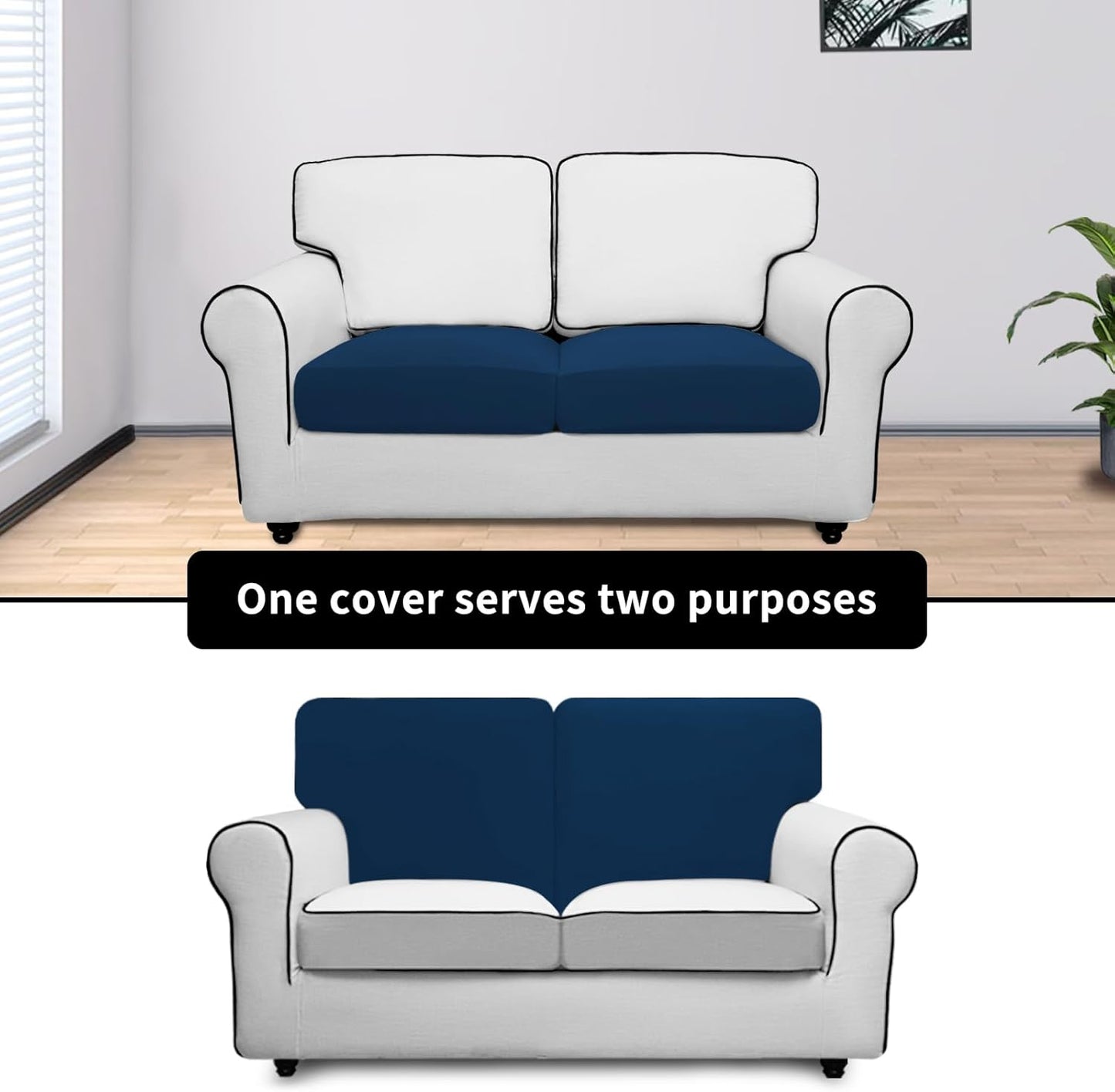 Fleece Chair Sofa Seat Cushion Slipcovers Soft Couch Cushion Cover Stretch Furniture Protector for Kids, Pets (2-Piece Loveseat Cushion, Navy)