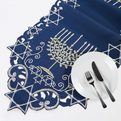 Hanukkah Blue Table Runner, Embroidered Chanukah Menorah Table Runners 36 Inches Long, Jewish Festival Holiday Party Table Decor Indoor Outdoor Dresser Scarf for Kitchen Dining Home Decorations