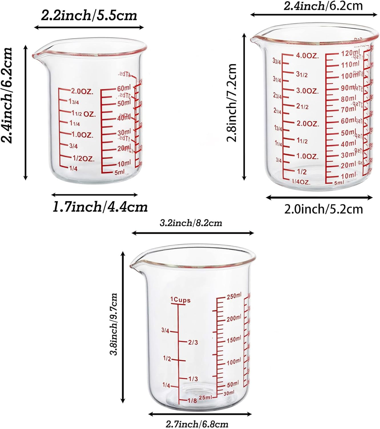 Ackers High Borosilicate Glass Measuring Cup Set with Pour Spout,60Ml(2Oz),120Ml(4Oz), 250Ml(8Oz) Glass Measuring Beaker for Kitchen or Restaurant, Easy to Read