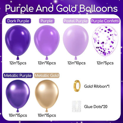 60Pcs Purple and Gold Balloons 12Inch with Dark Purple Metallic Gold Confetti Latex Balloons for Graduation Wedding Baby Shower Birthday Party Decorations