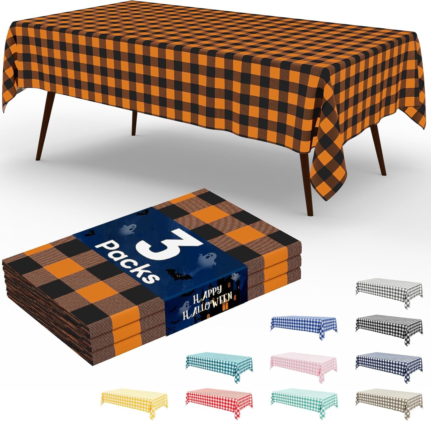 3 Packs Buffalo Disposable Table Cloth, 54 X 108 Inch Waterproof Plastic Tablecloth, Rectangle Black and Orange Checkered Table Covers for Fall, Halloween Decorations
