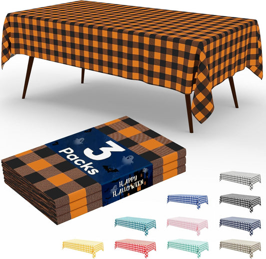 3 Packs Buffalo Disposable Table Cloth, 54 X 108 Inch Waterproof Plastic Tablecloth, Rectangle Black and Orange Checkered Table Covers for Fall, Halloween Decorations