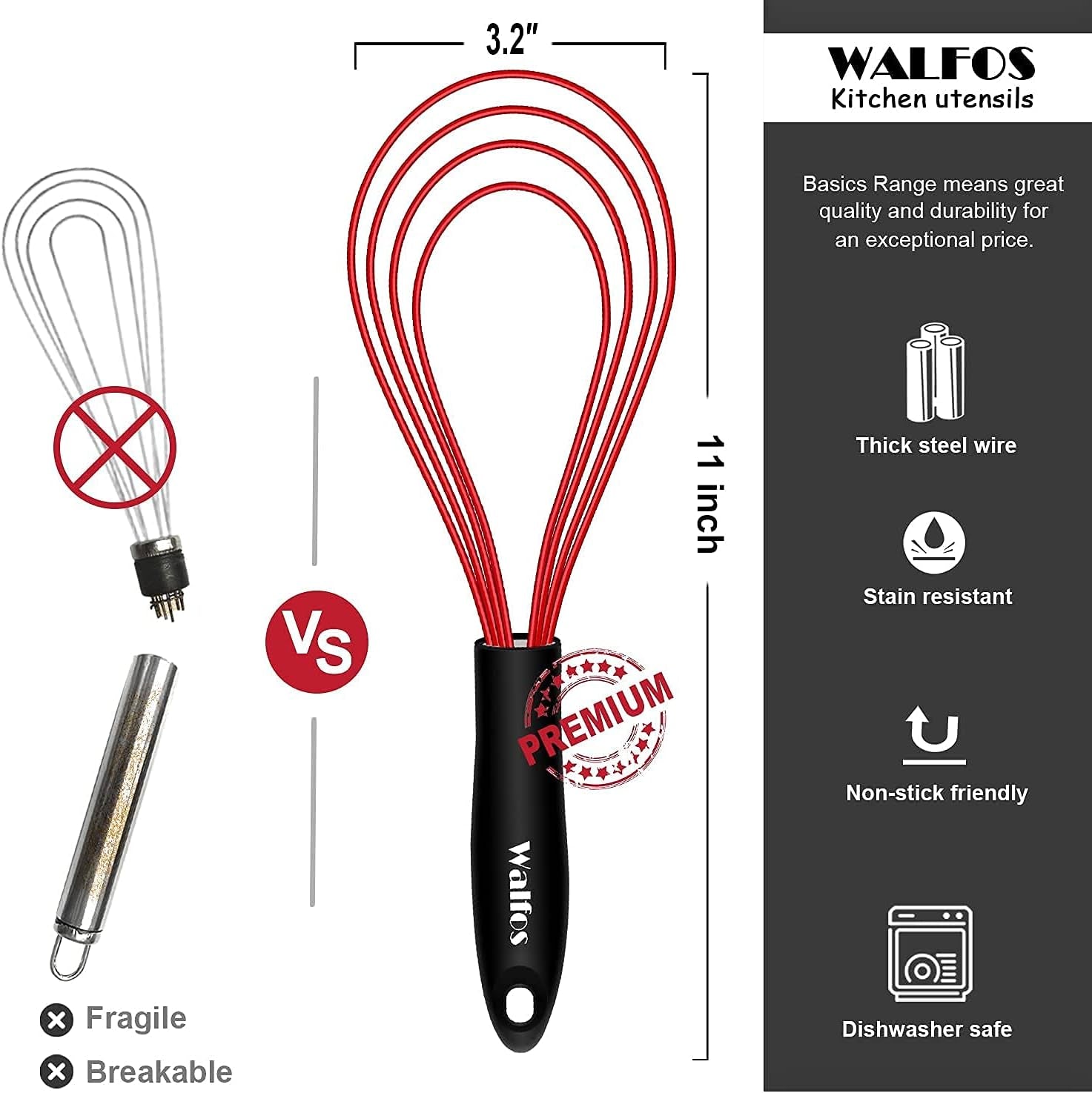 Flat Silicone Whisk,  11'' Wires Silicone Whisk for Blending Beating Stirring and Kitchen Cooking