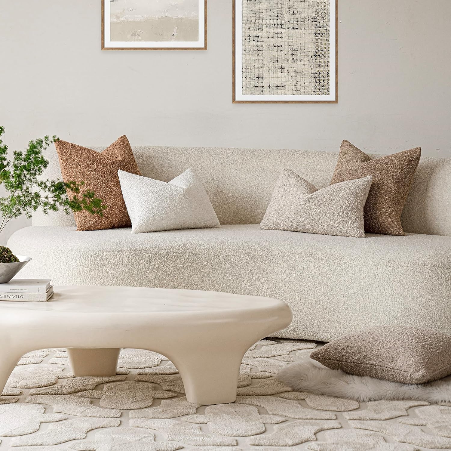Pack of 2 Textured Boucle Throw Pillow Covers Accent Solid Lumbar Pillow Cases Cozy Soft Decorative Couch Cushion Case for Chair Sofa Bedroom Living Room Home Decor, 12 X 20 Inch,Beige