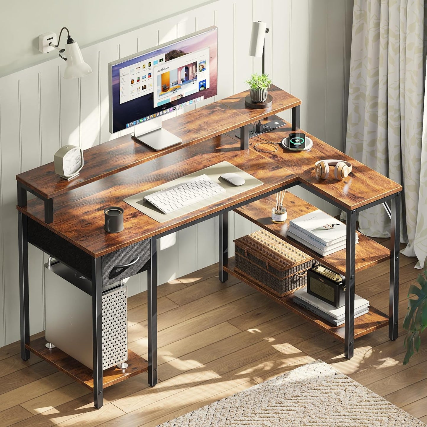 47-Inch Reversible L-Shaped Desk with LED Lighting and Power Outlets, Featuring Shelves, Monitor Stand, Drawer, and Rustic Brown Finish for Home Office and Gaming Use