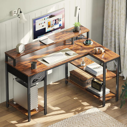 47-Inch Reversible L-Shaped Desk with LED Lighting and Power Outlets, Featuring Shelves, Monitor Stand, Drawer, and Rustic Brown Finish for Home Office and Gaming Use